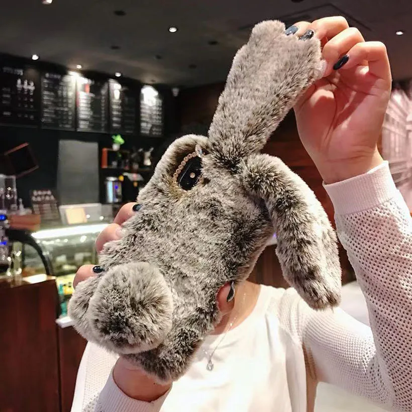 Cute Bunny Fur Case for Huawei P30 Pro P20 Lite P10 Plus P8 Lite P9 Mini P Smart Plus Z Rabbit Case Back Cover Fundas