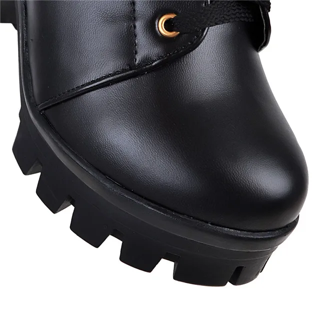 YMECHIC/Осенняя Женская обувь в стиле панк; Цвет черный, белый; обувь на блочном каблуке с перекрестной шнуровкой; ботильоны в байкерском стиле на массивном каблуке с ремешком и пряжкой в готическом стиле