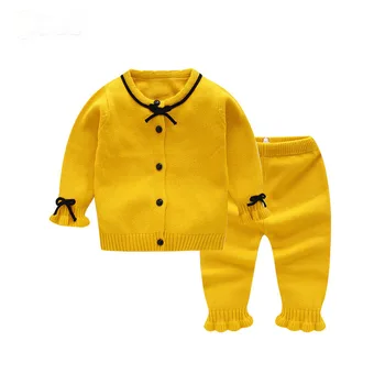 

Baby Girls Spring Autumn Knitted Clothing Set Toddler Infant Bowtie Coat+Pants 2Pcs Set Warm Cotton Pullover Set AA12178