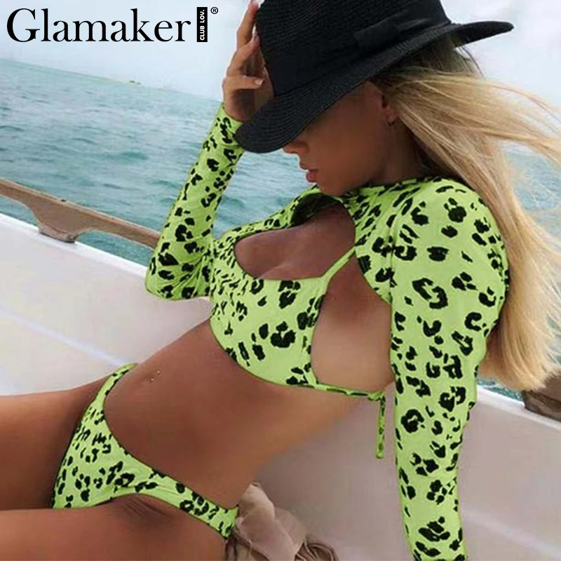 Женский купальник Glamaker неоновый бикини с леопардовым принтом длинным рукавом и