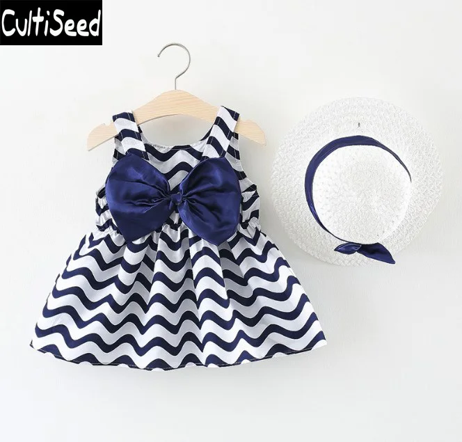

Baby Girls Summer Wave Striped Big Bow Sleeveless Vest Dress Clothing Baby Kids Casual Holiday Cotton Dress with Hat