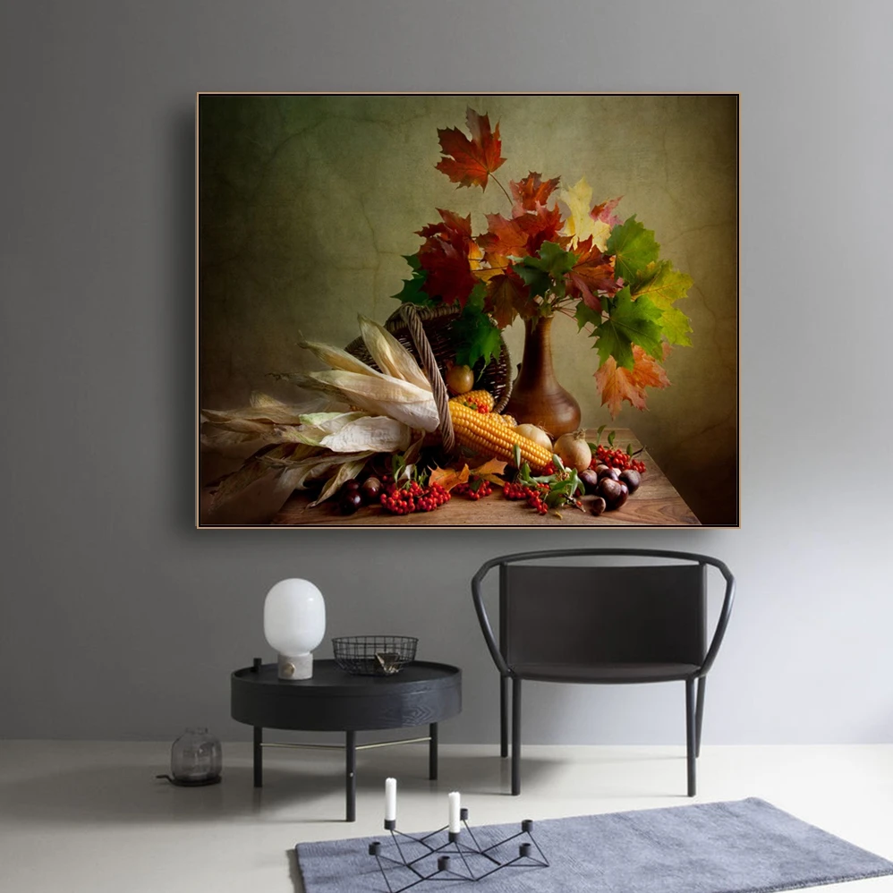 

Laeacco Canvas Calligraphy Painting Maple Leaves Corn Fruits Posters and Prints Wall Pictures for Living Room Kitchen Home Decor