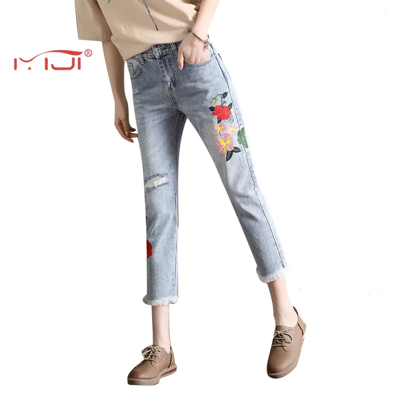 

Jeans women new fashion 2017 jeans with embroidery flowers women jeans personality holes denim burr