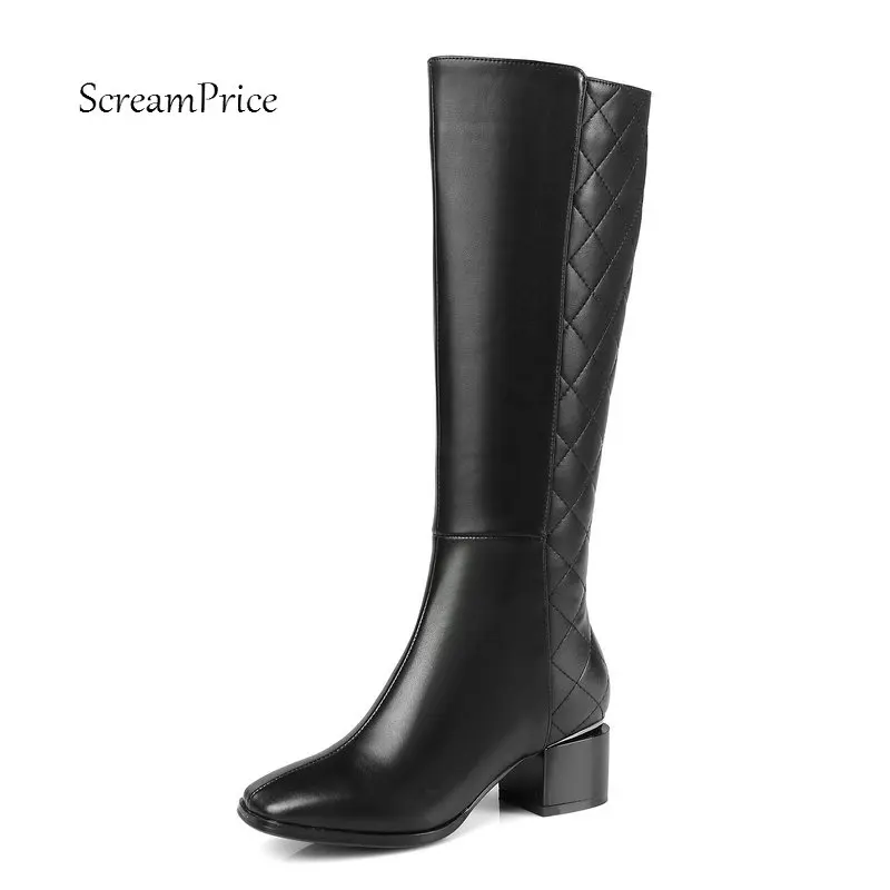 Ladies Genuine Leather Comfort Low Heel Knee High Boots Fashion Zipper