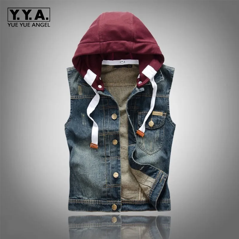 

Autumn Mens Waistcoat Korean Fashion Casual Punk Style Vintage Hooded Vests Slim Motorcycle Hat Detachable Washed Man Denim Coat