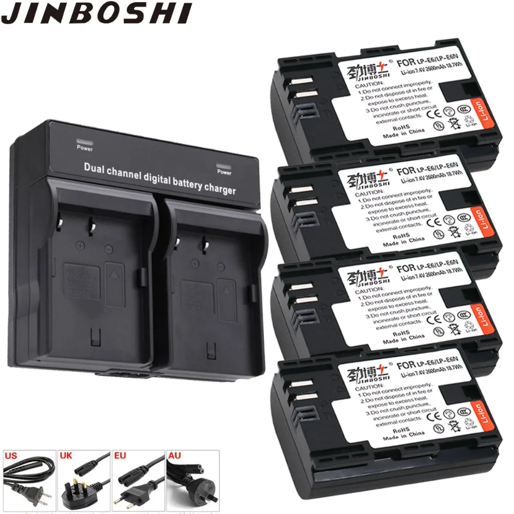 

4pcs LP E6 LP-E6 LP-E6N LPE6 Li-ion Battery with LED Dual Charger for Canon EOS 6D 7D 5DS 5DSR 5D Mark II 5D 60D 60Da 70D 80D