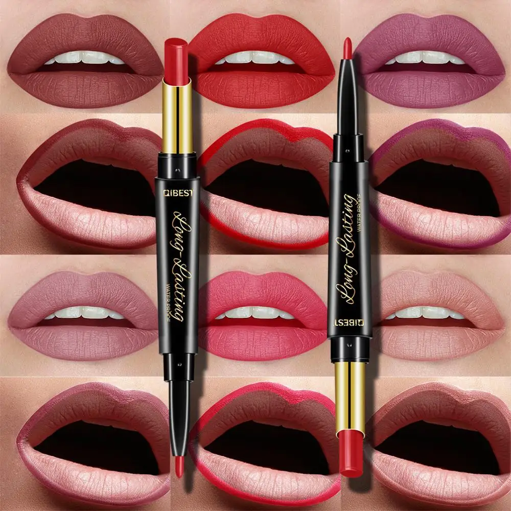 

QiBest 2 in 1 Matte Lip Stick Lipliner Lip Liner Pencil Matt Nude Lips liner Pen Set Beauty Makeup Tool Cosmetic