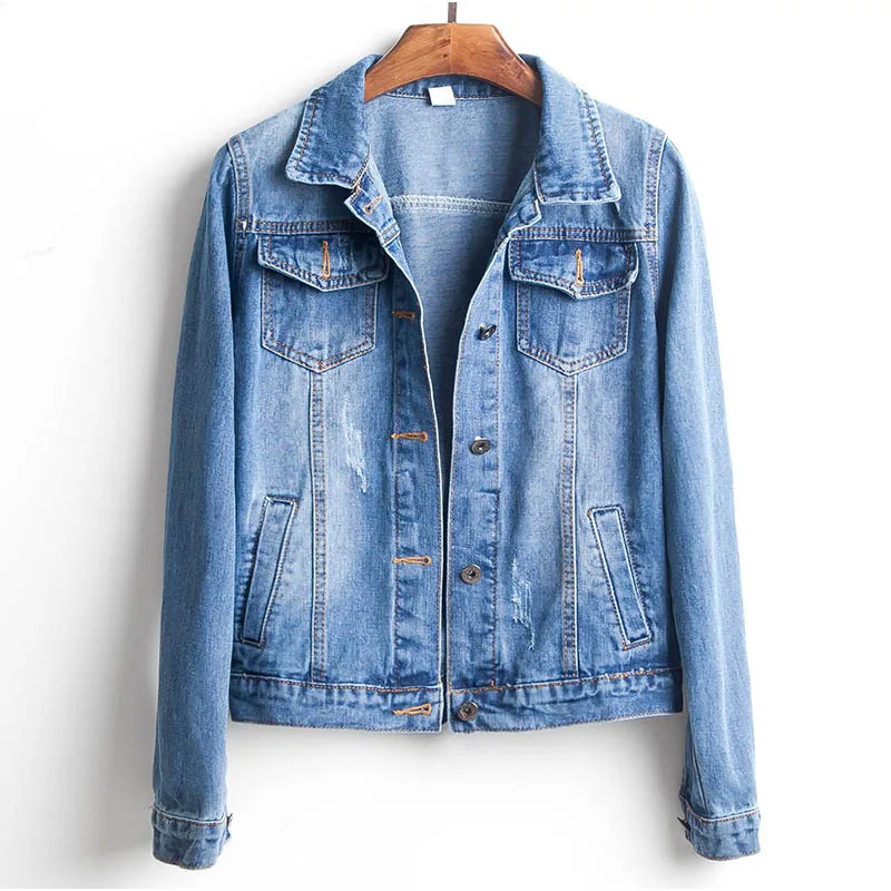 Best  Plus Size Ripped Hole Cropped Jean Jacket 4Xl 5Xl Light Blue Bomber Short Denim Jackets Jaqueta Lon