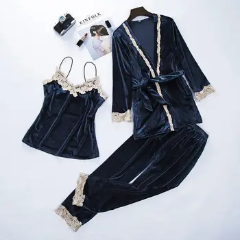

Autumn Winter Female 3 Piece Sleepwear Sexy Velvet Pajama Pyjama Set Thick Warm Nightwear Floral Trim Leisure Home Clothes
