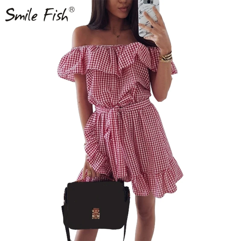 

Kawaii Sweet Girls Ruffles Summer Dresses Slash Neck Sleeveless Blue Red Plaid Dress A-line Beach Boho Streetwear New 2019 GV743