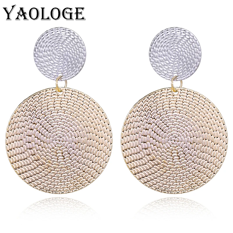 

YAOLOGE Unique Metal Round Earring Gold Silver Two-color Stitching Large Round Metal Earring Bohemian Statement Jewelry For Girl