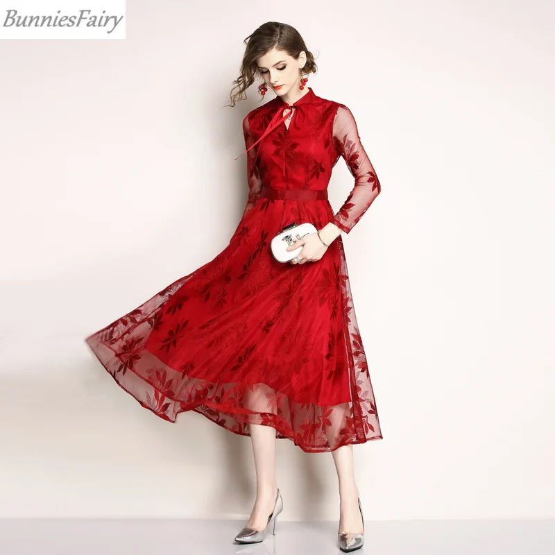 BunniesFairy Autumn New Celebrity-inspired Women Elegant Long Floral Lace Dress Bow Neckline with Ribbon Party Wear Red Blue | Женская