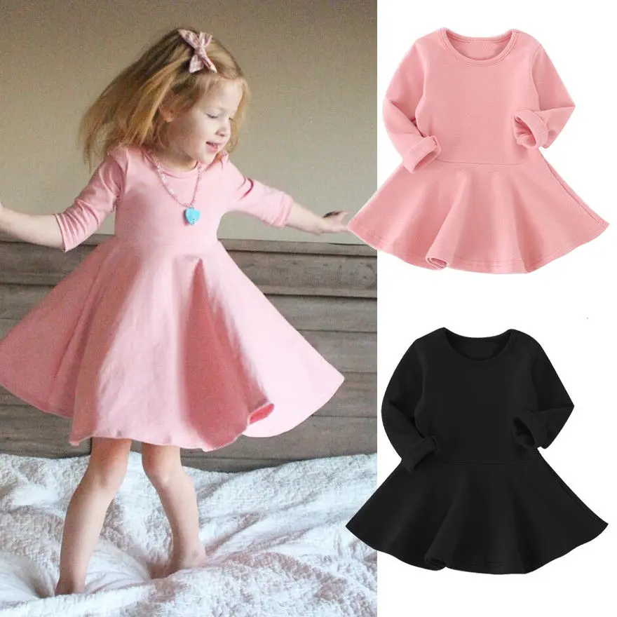 Повседневная одежда для маленьких девочек; однотонное платье с длинными рукавами; праздничное платье принцессы; сезон весна-осень; От 1 до 5 лет