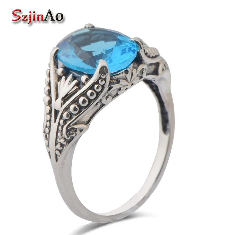 

Szjinao Luxury fashion design female wedding ring ancient silver 925 silver series blue stone cz ring for women vitnage style