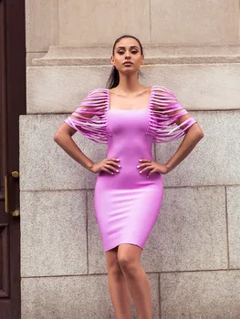 

Fashion Dress Bodycon Femme Vestidos Club Party purple shoulder fringe bandage dress party dress dropshipping wholesale W-42