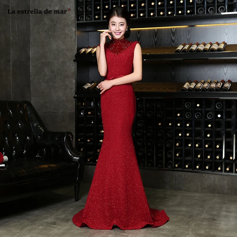 Vestido boda mujer invitada новая высокая шея кружевная обувь с украшением в виде кристаллов на спине темно-синий, бордовый сексуальное платье подружки