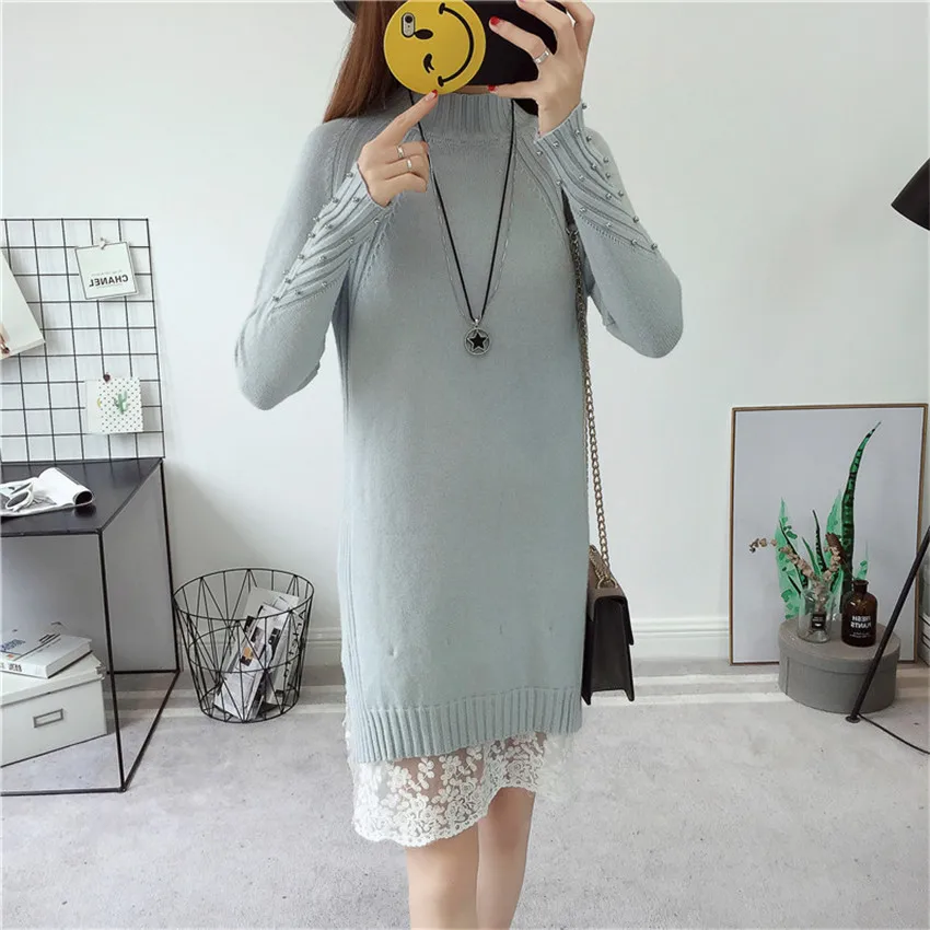 Женское трикотажное платье свитер с высоким воротником и разрезом|dress autumn|new
