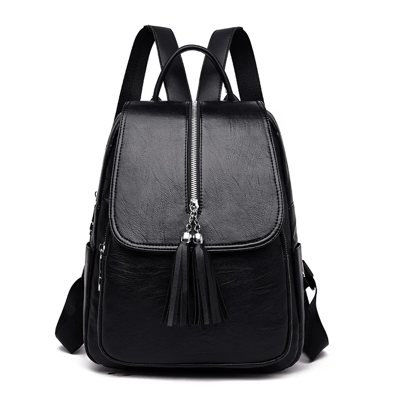 

2019 Women Backpack Leather Large Capacity Waterproof Backpacks for Girls Teenagers Bag Black PU Shoulder Bags With Tassel