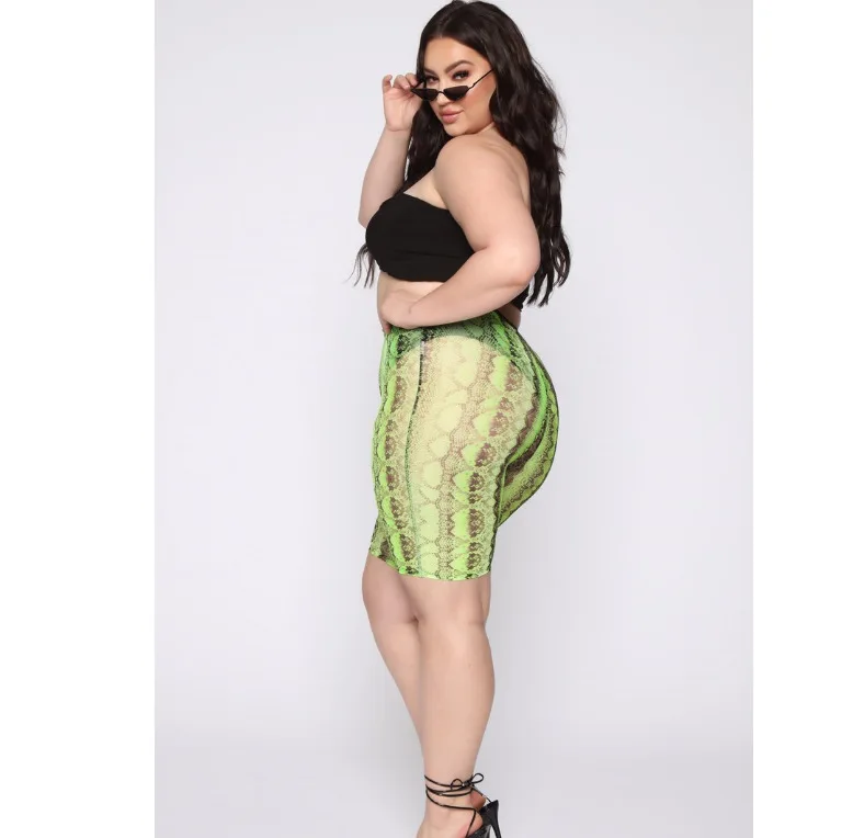 

Women's Summer Green Snake Print Knee Shorts Transparent Light and Close to the Body
