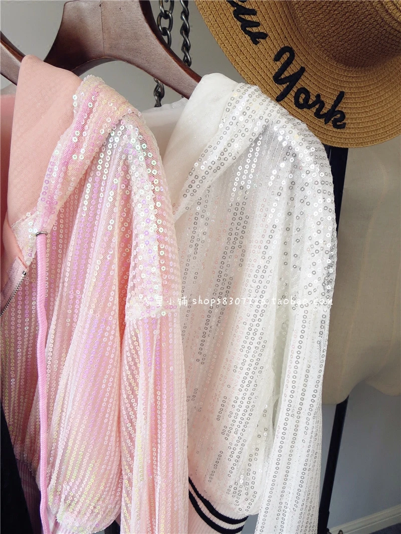 lower price  Women Bomber Sequins Drawstring Hoodie Net Jacket Glitter Beading Hooded Zipper Gauze Coat Cardigan