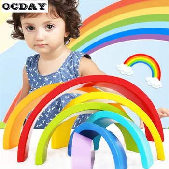 

7Pcs/Set Wooden Rainbow Assembling block Building bridge Blocks Constructor Toy Educational Montessori Model Building Kids Toy