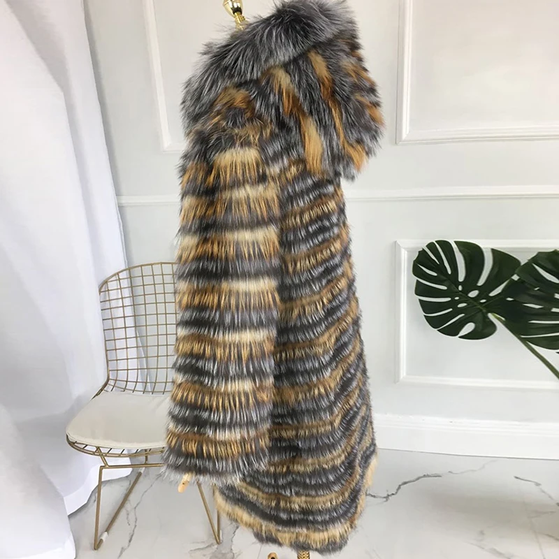 CNEGOVIK New Fashion Silver Fox Fur Coat With Hood Fur Coat Silver Fox Real Fur Coat 90CM Length Women Red Fox Fur Jacket