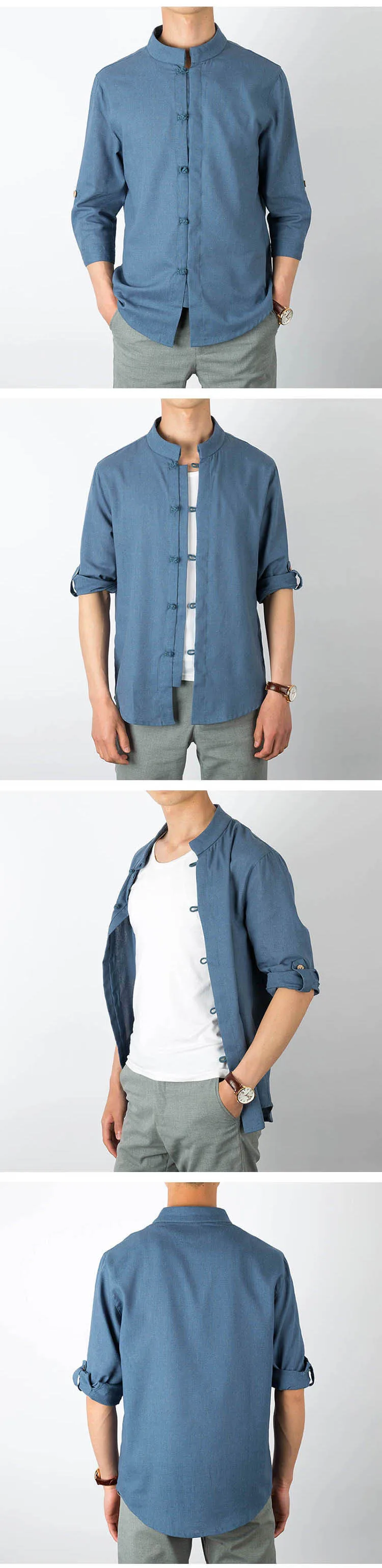 Новые мужские хлопковые льняные рубашки в китайском стиле, мужские винтажные повседневные льняные рубашки с рукавом три четверти, одноцветные топы, рубашки 5XL