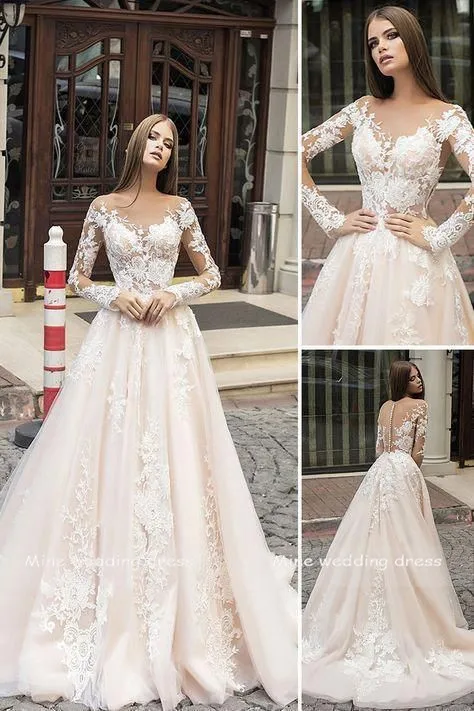 Boho свадебный наряд с длинными рукавами Robe de Mariee кружевная Апликация сзади на молнии и Пуговицы Свадебные платья