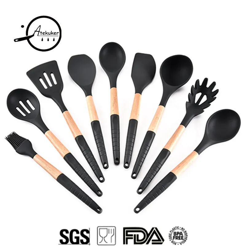 

Atekuker 9Pcs Kitchen Utensils Wood Handle Silicone Cooking Tools Set Spatula Ladle Scraper Spoon Oil Brush Spaghetti Tools
