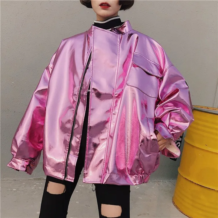 

2019 Spring Women Casual Metal Batwing Sleeve Bomber Jacket Pink Silver Hip Hop Punk Loose Coat