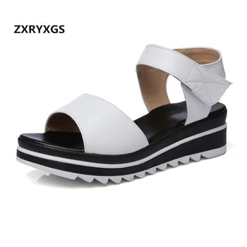 

2019 Open Toe Simple Summer Sandals Real Leather Shoes Casual Flat Sandals Non-slip Slope with Thick-soled Women Shoes Sandals