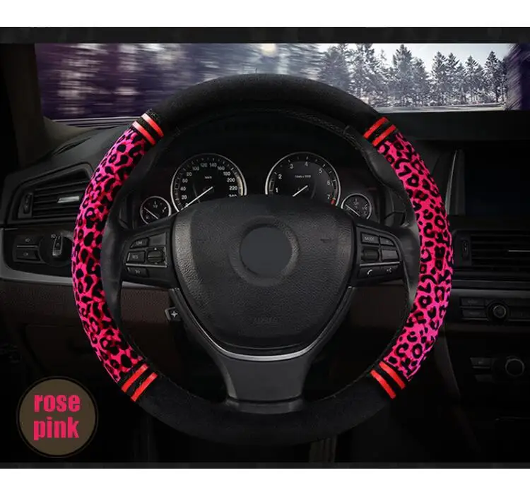 1 шт., чехлы для рулевого управления с леопардовым принтом, Осень-зима, плюш, 37-38 см, милый теплый чехол для рулевого управления с животными, автомобильные аксессуары - Название цвета: rose pink
