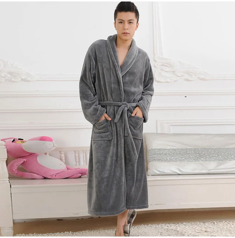 Women Men Flannel Bath Robe Sleepwear Autumn Winter Solid Plush Couple Bathrobe Thick Warm Female Robe Dropshipping