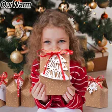 OurWarm 12pcs Christmas Gift Bag Kraft Paper Candy Bags with Cartoon Tags Snowflake Snowman Christmas Tree Candy Packing Bags