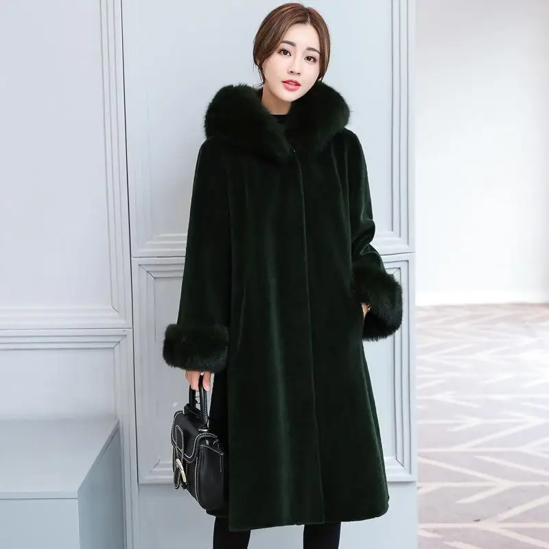 Женское зимнее пальто с капюшоном из искусственного меха размера плюс винтажная искусственная черная шуба из искусственного лисьего меха с капюшоном большого размера - Цвет: Черный