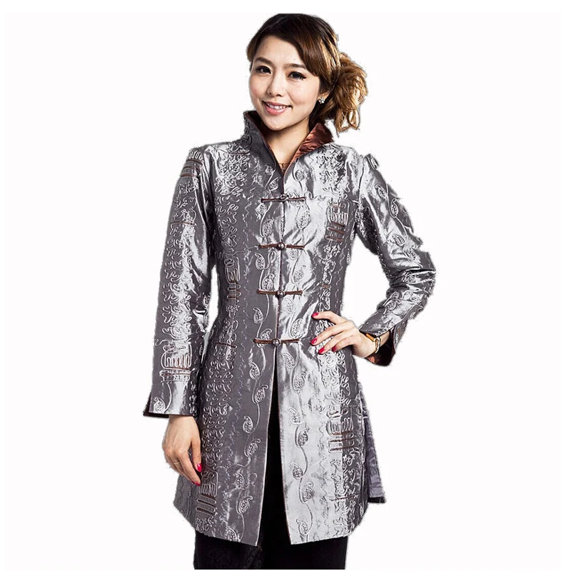 Лидер продаж серый китайский Для женщин шелковый атлас куртка длинное пальто цветы осень ветровка верхняя одежда плюс Размеры 3XL 4XL 5XL m-58