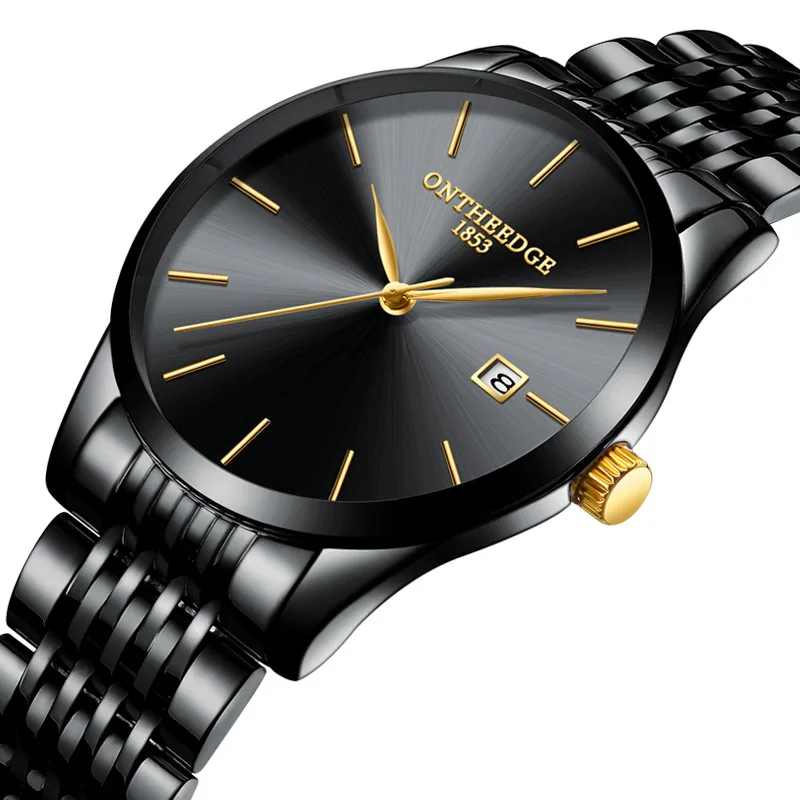 Günstige ONTHEEDGE herren armbanduhren luxus schwarz blau gold edelstahl mann uhren 30m wasserdichte kalender original herren uhr