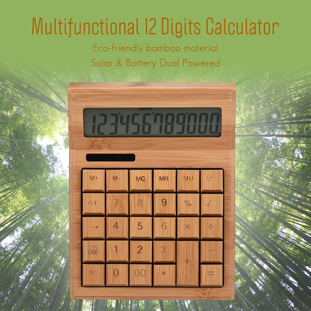 

Multifunctional Bamboo Electronic Calculator Counter 12 Digits Solar & Battery Dual Powered for Home Office School Retail Store