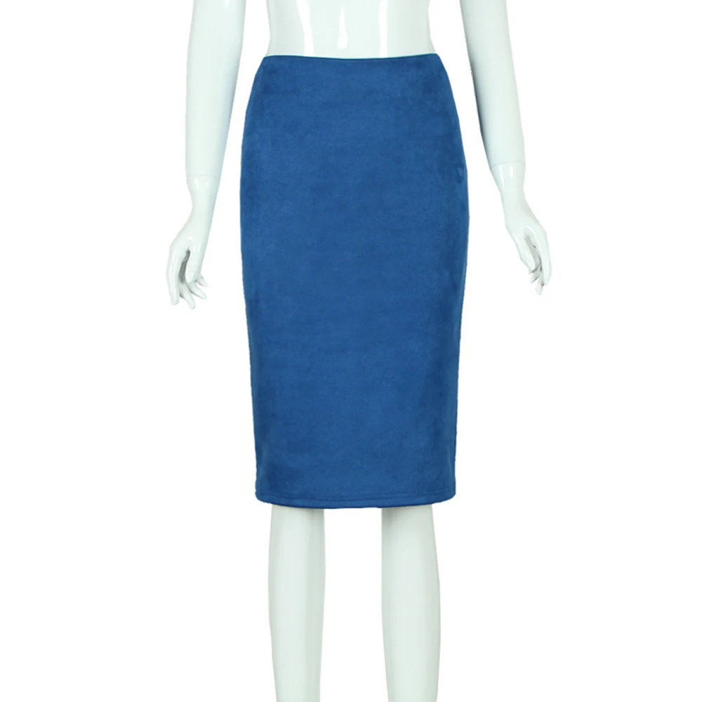 Новая весенняя Летняя женская замшевая юбка-карандаш средней длины с высокой талией серого и розового цвета, S-XL, сексуальный стиль, эластичная Женская юбка для офиса - Цвет: Синий