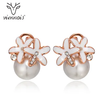 

Viennois Trendy Rose Gold Color Simulated Pearl Stud Earrings for Woman Rhinestone Sweet Flower Elegant Party Female Earrings