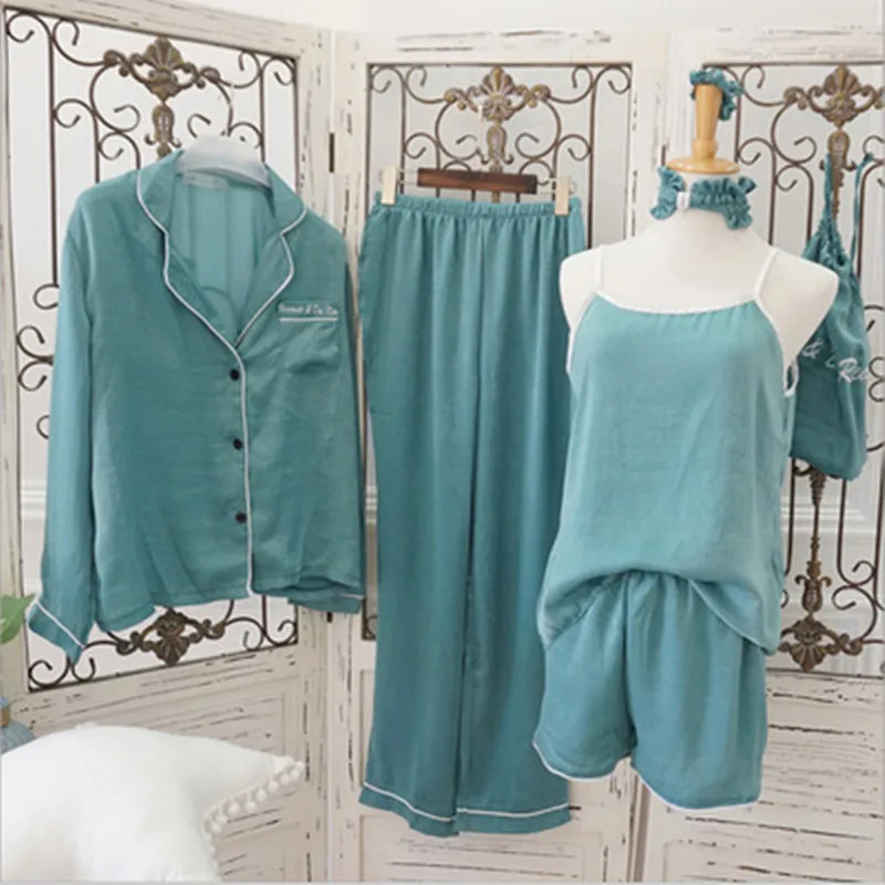

8 PCS/Set Women Pajamas Set Cotton Stitch Sleepwear Sexy Shorts Blinder lingerie Robe Pyjama Brand 2019 Spring Fashion Clothes