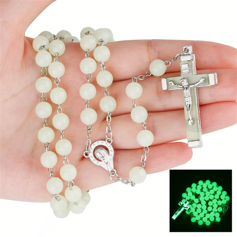 

Noctilucence 8mm White Clay Beads Rosary Catholic Necklace With Holy Soil Medal Crucifix Prayer Religious Cross Jewelry Gift