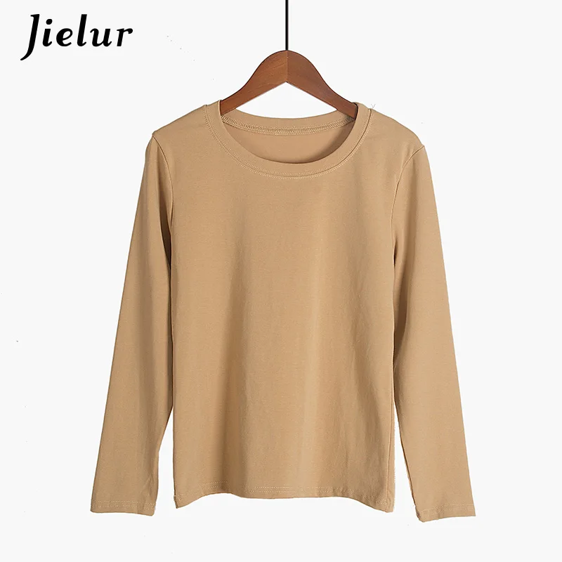 Jielur 5 Solid Color Hipster Long Sleeve Tshirt Women White O Neck Basic Tshirt Feminina Simple Korean Style Vetement Femme - Цвет: Milk tea