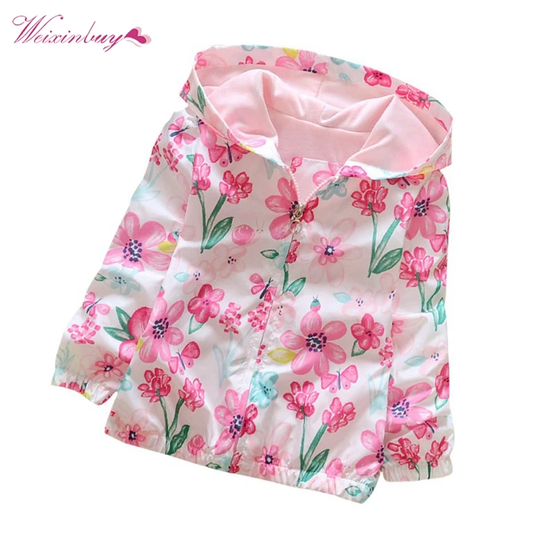 

2017 Baby Girl Floral Hoodie Jacket Apring Autumn Flower Pattern Zipper Coat Girl Clothing 2-7Y