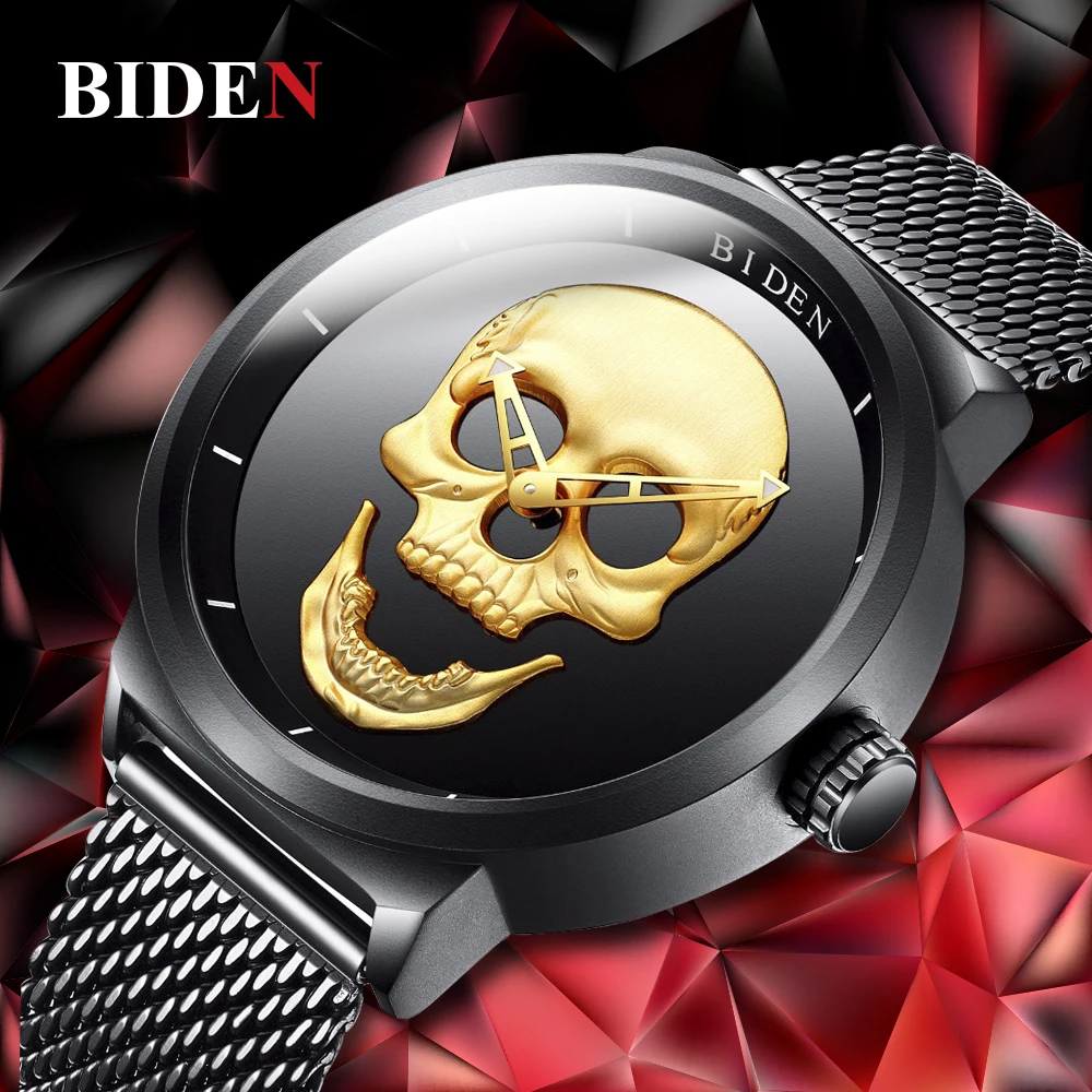 

Biden Men Skull Watch Brand Luxury Stainless Steel Quartz Watches mens Business Fashion Waterproof Retro Clock Relogio masculino
