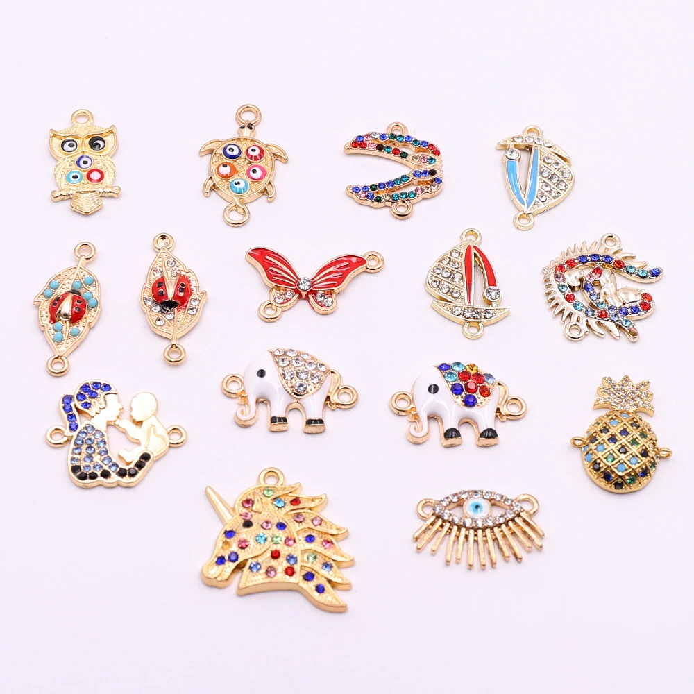 

10pcs Gold Connectors Charms with Colorful Rhinestone Colorful Components for Necklaces Bracelets DIY Making Jewelry For Sale