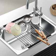 Kitchen Collapsible Stainless Steel Sink Drain Rack Cutlery Fruit And Vegetable Bowl Cup Adjustable Dry Drain Tray Shelf Storage