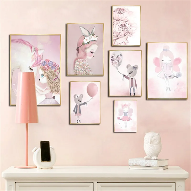 

Nordic Watercolor Cartoon Elf Rose Flower Girl Rabbit Mouse Unicorn Poster Wall Canvas Painting Nursery Picture Room Decoration