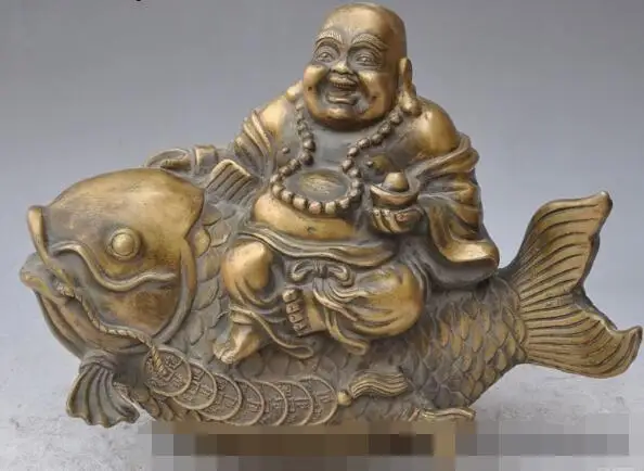 

S3312 10"Chinese Bronze YuanBao Happy Laugh Maitreya Buddha Ride Coin Fish Statue