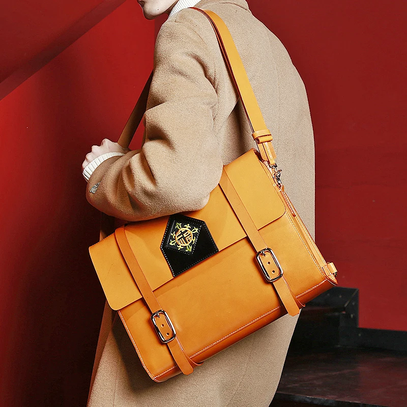 

MENOGGA Briefcase Women Genuine Leather 14 Inch Embroidery Retro Style Luxury Design Business Bag for Women Office Unisex